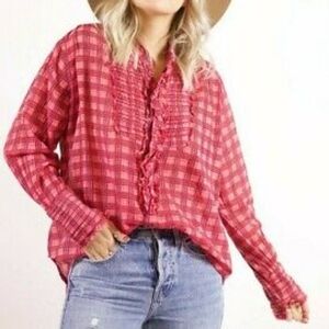 Free People Button Tuxedo Front Long Sleeve Cotton Oversized Plaid Pink L NWT
